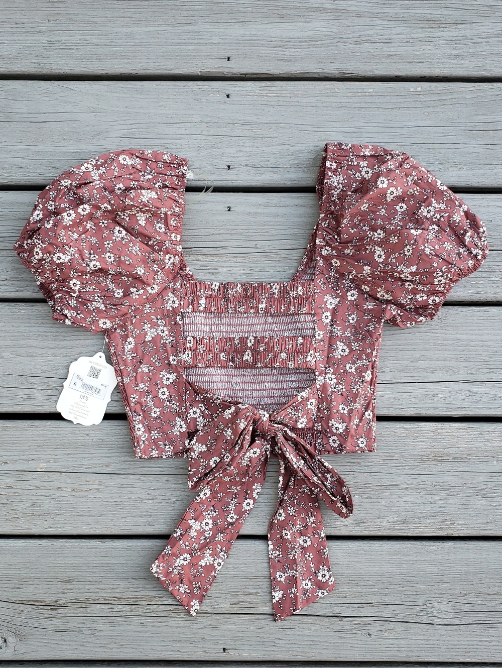Altar'd State Cropped Floral Puff Sleeve Smocked Blouse - Small - Picture 2 of 6